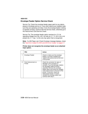 Page 662-394059 Service Manual
4059-XXX
Envelope Feeder Option Service Check
Service Tip: Check the envelope feeder paper path for any debris,
pieces of envelope and so on. If any other options are installed make
sure they are operating normally. If only the envelope feeder is failing
to operate correctly, continue with this service check, otherwise go to
the Interconnect Card Service Check.
Service Tip: The envelope feeder option receives its +5 V dc
operating voltage from the +24 V dc bulk at J1-7. If +24 V...