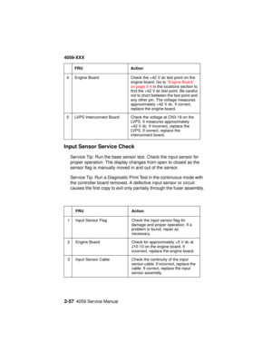 Page 842-574059 Service Manual
4059-XXX
Input Sensor Service Check
Service Tip: Run the base sensor test. Check the input sensor for
proper operation. The display changes from open to closed as the
sensor flag is manually moved in and out of the sensor.
Service Tip: Run a Diagnostic Print Test in the continuous mode with
the controller board removed. A defective input sensor or circuit
causes the first copy to exit only partially through the fuser assembly.
4 Engine Board Check the +42 V dc test point on the...