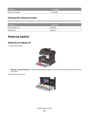 Page 11Part namePart numberWaste toner bottleC925X76GOrdering ADF replacement parts
Order ADF replacement parts if you experience problems with paper double-feeding or failing to feed through the ADF.
Part namePart numberADF separator roll40X6328ADF pick roll40X6327
Replacing Supplies
Replacing an imaging unit
1Open the front door.
Warning—Potential Damage: To avoid overexposing the imaging units, do not leave the door open for more than
10 minutes.
2Open the internal cover.
Maintaining the printer
11 