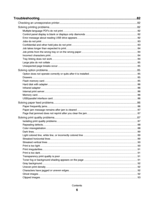 Page 6Troubleshooting...........................................................................................................82
Checking an unresponsive printer.....................................................................................................82
Solving printing problems..................................................................................................................82
Multiple-language PDFs do not print...