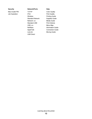 Page 13Security Network/Ports Help
Max Invalid PIN
Job ExpirationTCP/IP
IPv6
Wireless
Standard Network
Network 
Standard USB
USB 
NetWare
AppleTalk
LexLink
USB DirectColor Quality
Print Quality
Printing Guide
Supplies Guide
Media Guide
Print Defects
Menu Map
Information Guide
Connection Guide
Moving Guide
Learning about the printer
13
Downloaded From ManualsPrinter.com Manuals 
