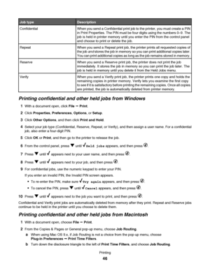 Page 46Job typeDescription
ConfidentialWhen you send a Confidential print job to the printer, you must create a PIN
in Print Properties. The PIN must be four digits using the numbers 0–9. The
job is held in printer memory until you enter the PIN from the control panel
and choose to print or delete the job.
RepeatWhen you send a Repeat print job, the printer prints all requested copies of
the job and stores the job in memory so you can print additional copies later.
You can print additional copies as long as the...