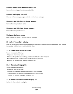 Page 127Remove paper from standard output bin
Remove the stack of paper from the standard exit bin.
Remove packaging material
Check for and remove any packaging materials from the toner cartridges.
Unsupported USB device, please remove
Remove the unrecognized USB device.
Unsupported USB hub, please remove
Remove the unrecognized USB hub.
Unplug and change mode
Make sure that the camera is in a valid mode for PictBridge
30  Toner Cart Missing
Insert the missing toner cartridge to clear the message and continue...