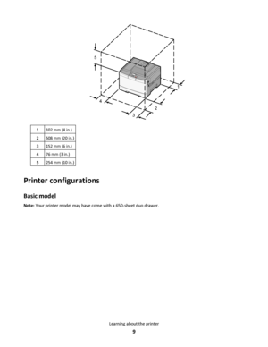 Page 91
2
3 4 5
1102 mm (4 in.)
2508 mm (20 in.)
3152 mm (6 in.)
476 mm (3 in.)
5254 mm (10 in.)
Printer configurations
Basic model
Note: Your printer model may have come with a 650-sheet duo drawer.
Learning about the printer
9
Downloaded From ManualsPrinter.com Manuals 