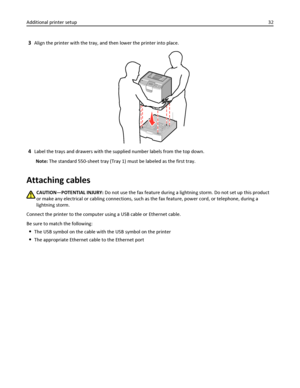 Page 323Align the printer with the tray, and then lower the printer into place.
4Label the trays and drawers with the supplied number labels from the top down.
Note: The standard 550-sheet tray (Tray 1) must be labeled as the first tray.
Attaching cables
CAUTION—POTENTIAL INJURY: Do not use the fax feature during a lightning storm. Do not set up this product
or make any electrical or cabling connections, such as the fax feature, power cord, or telephone, during a
lightning storm.
Connect the printer to the...