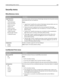 Page 104Security menu
Miscellaneous menu
Menu itemDescription
Login Restriction
Login failures
1-10 (3 attempts)
Failure time frame
1-60 (5 minutes)
Lockout time
1-60 (5 minutes)
Panel Login Timeout
1-900 (3 seconds)
Remote Login Timeout
1-120 (10 minutes)Limits the number and time frames of failed login attempts from the printer control
panel before all users are locked out
Notes:
“Login failures” specifies the number of failed login attempts before users are
locked out. 3 attempts is the factory default...