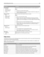 Page 128Menu itemDescription
N‑up Ordering
Horizontal
Reverse Horizontal
Reverse Vertical
VerticalSpecifies the positioning of multiple‑page images when using N‑up (pages‑side)
Notes:
Horizontal is the factory default setting.
Positioning depends on the number of images and whether the images are in
portrait or landscape orientation.
Separator Sheets
None
Between Copies
Between Jobs
Between PagesSpecifies whether blank separator sheets are inserted
Notes:
None is the factory default setting.
Between Copies...