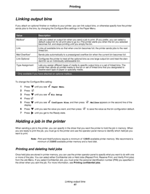 Page 41Linking output bins
41
Printing
Linking output bins
If you attach an optional finisher or mailbox to your printer, you can link output bins, or otherwise specify how the printer 
sends jobs to the bins, by changing the Configure Bins settings in the Paper Menu.
To change the Configure Bins setting:
1Press   until you see   Paper Menu.
2Press 
3Press   until you see Bin Setup
4Press
5Press   until you see   Configure Bins, and then press  . Mailbox appears on the second line of the 
display.
6Press...