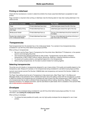 Page 51Storing paper
51
Media specifications
Printing on letterhead
Check with the manufacturer or vendor to determine whether the chosen preprinted letterhead is acceptable for laser 
printers.
Page orientation is important when printing on letterhead. Use the following table for help when loading letterhead in the 
media sources.
Transparencies
Feed transparencies from the standard tray or the multipurpose feeder. Try a sample of any transparencies being 
considered for use with the printer before buying...