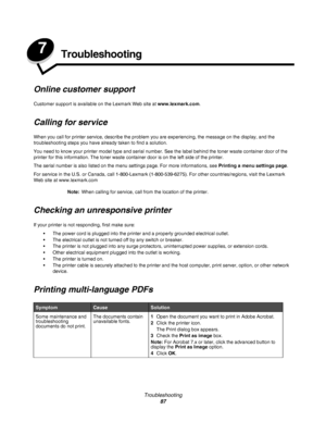 Page 87Troubleshooting
87
7Troubleshooting
Online customer support
Customer support is available on the Lexmark Web site at www.lexmark.com.
Calling for service
When you call for printer service, describe the problem you are experiencing, the message on the display, and the 
troubleshooting steps you have already taken to find a solution.
You need to know your printer model type and serial number. See the label behind the toner waste container door of the 
printer for this information. The toner waste container...