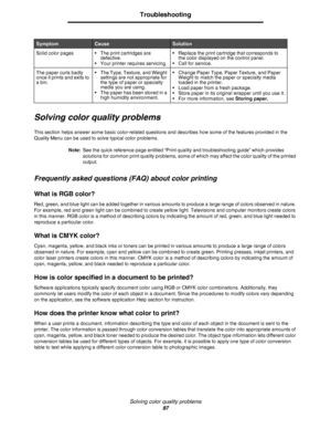 Page 97Solving color quality problems
97
Troubleshooting
Solving color quality problems
This section helps answer some basic color-related questions and describes how some of the features provided in the 
Quality Menu can be used to solve typical color problems.
Note:See the quick reference page entitled “Print quality and troubleshooting guide” which provides 
solutions for common print quality problems, some of which may affect the color quality of the printed 
output.
Frequently asked questions (FAQ) about...