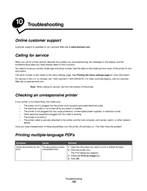 Page 138Troubleshooting
138
10Troubleshooting
Online customer support
Customer support is available on our Lexmark Web site at www.lexmark.com.
Calling for service
When you call for printer service, describe the problem you are experiencing, the message on the display, and the 
troubleshooting steps you have already taken to find a solution.
You need to know your printer model type and serial number. See the label on the inside top front cover of the printer for this 
information.
The serial number is also...