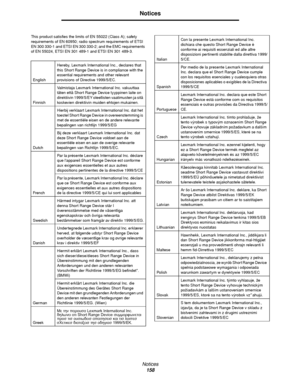 Page 158Notices
158
Notices
This product satisfies the limits of EN 55022 (Class A); safety 
requirements of EN 60950; radio spectrum requirements of ETSI 
EN 300 330-1 and ETSI EN 300 330-2; and the EMC requirements 
of EN 55024, ETSI EN 301 489-1 and ETSI EN 301 489-3.
EnglishHereby, Lexmark International Inc., declares that 
this Short Range Device is in compliance with the 
essential requirements and other relevant 
provisions of Directive 1999/5/EC.
FinnishValmistaja Lexmark International Inc. vakuuttaa...