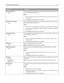 Page 83Menu itemDescription
Network Setup Page
Prints a report containing information about the network printer settings, such
as the TCP/IP address information
Notes:
This menu item appears only for network printers or printers connected to
print servers.
The page prints when this item is selected.
Network  Setup Page
Prints a report containing information about the network printer settings, such
as the TCP/IP address information
Notes:
This selection is available when more than one network option is...