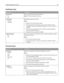 Page 96PostScript menu
Menu itemDescription
Print PS Error
On
OffPrints a page containing the PostScript error
Note: Off is the factory default setting.
Font Priority
Resident
Flash/DiskEstablishes the font search order
Notes:
Resident is the factory default setting.
A formatted flash memory option card or printer hard disk must be
installed in the printer and operating properly for this menu item to be
available.
The flash memory option or printer hard disk cannot be Read/Write,
Write, or password protected....