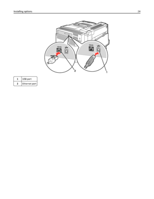 Page 241USB port
2Ethernet port
Installing options24
Downloaded From ManualsPrinter.com Manuals 