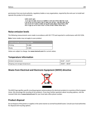 Page 180permissions from any local authority, regulatory bodies or any organization, required by the end-user to install and
operate this product at his premises.
Noise emission levels
The following measurements were made in accordance with ISO 7779 and reported in conformance with ISO 9296.
Note: Some modes may not apply to your product.
1-meter average sound pressure, dBA
Printing 55 dBA
Ready 32 dBA
Values are subject to change. See www.lexmark.com for current values.
Temperature information
Ambient...