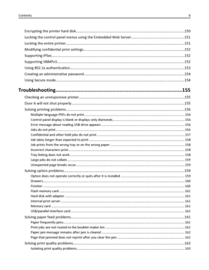 Page 6Encrypting the printer hard disk............................................................................................................150
Locking the control panel menus using the Embedded Web Server.....................................................151
Locking the entire printer......................................................................................................................151
Modifying confidential print...