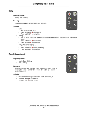 Page 29Overview of the Lexmark E120n operator panel
29
Using the operator panels
Busy 
Resolution reduced 
Light sequence:
Ready / Data—Blinking
Message:
Printer is busy receiving and processing data or printing.
Solution:
Busy:
–Wait for message to clear.
–Press and release to cancel job.
–Press and hold to reset printer.
Printing:
–Wait for pages to print. The ready light blinks as the pages print. The Ready light is on when printing 
stops.
–Press and release to cancel job.
–Press and hold to reset...