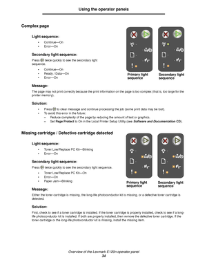 Page 34Overview of the Lexmark E120n operator panel
34
Using the operator panels
Complex page
Missing cartridge / Defective cartridge detected 
Light sequence:
Continue—On
Error—On
Secondary light sequence:
Press twice quickly to see the secondary light 
sequence.
Continue—On
Ready / Data—On
Error—On
Message:
The page may not print correctly because the print information on the page is too complex (that is, too large for the 
printer memory).
Solution:
Press to clear message and continue processing the...