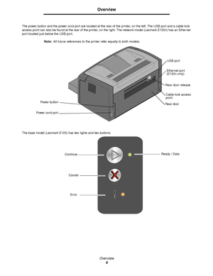 Page 6Overview
6
Overview
The power button and the power cord port are located at the rear of the printer, on the left. The USB port and a cable lock 
access point can also be found at the rear of the printer, on the right. The network model (Lexmark E120n) has an Ethernet 
port located just below the USB port.
Note:All future references to the printer refer equally to both models.
The base model (Lexmark E120) has two lights and two buttons.
Rear door release
Power button
Power cord port
USB port
Ethernet...