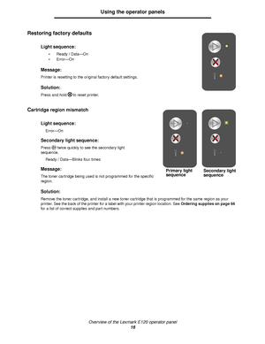 Page 16Overview of the Lexmark E120 operator panel
16
Using the operator panels
Restoring factory defaults
 
Cartridge region mismatch 
Light sequence:
Ready / Data—On
Error—On
Message:
Printer is resetting to the original factory default settings.
Solution:
Press and hold to reset printer.
Light sequence:
Error—On
Secondary light sequence:
Press twice quickly to see the secondary light 
sequence.
Ready / Data—Blinks four times
Message:
The toner cartridge being used is not programmed for the specific...