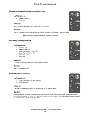 Page 32Overview of the Lexmark E120n operator panel
32
Using the operator panels
Programming engine code or system code 
Restoring factory defaults
 
Cartridge region mismatch 
Light sequence:
Ready / Data—On
Error—On
Message:
New code is being programmed into the engine or firmware.
Solution:
Wait for message to clear. When printer has finished programming the code, it returns to ready.
Note:No buttons are active while this message is displayed.
Light sequence:
Continue—On
Ready / Data—On
Toner...