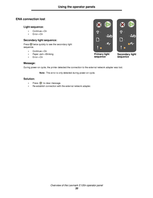 Page 35Overview of the Lexmark E120n operator panel
35
Using the operator panels
ENA connection lost 
Light sequence:
Continue—On
Error—On
Secondary light sequence:
Press twice quickly to see the secondary light 
sequence.
Continue—On
Paper Jam—Blinking
Error—On
Message:
During power-on cycle, the printer detected the connection to the external network adapter was lost.
Note:This error is only detected during power-on cycle.
Solution:
Press  to clear message.
Re-establish connection with the external...