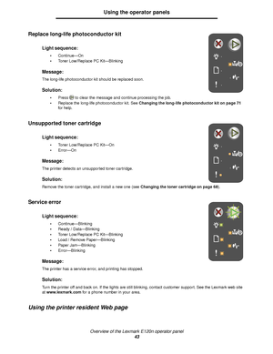 Page 43Overview of the Lexmark E120n operator panel
43
Using the operator panels
Replace long-life photoconductor kit
Unsupported toner cartridge
Service error 
Using the printer resident Web page
Light sequence:
Continue—On
Toner Low/Replace PC Kit—Blinking
Message:
The long-life photoconductor kit should be replaced soon.
Solution:
Press to clear the message and continue processing the job.
Replace the long-life photoconductor kit. See Changing the long-life photoconductor kit on page 71 
for help.
Light...