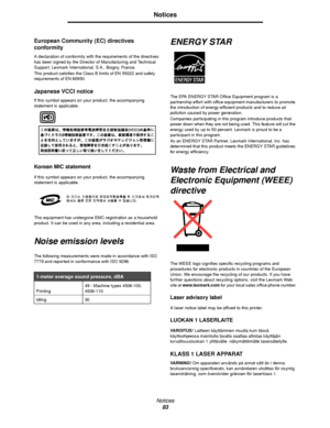 Page 83Notices
83
Notices
European Community (EC) directives 
conformity
A declaration of conformity with the requirements of the directives 
has been signed by the Director of Manufacturing and Technical 
Support, Lexmark International, S.A., Boigny, France.
This product satisfies the Class B limits of EN 55022 and safety 
requirements of EN 60950.
Japanese VCCI notice
If this symbol appears on your product, the accompanying 
statement is applicable.
Korean MIC statement
If this symbol appears on your product,...