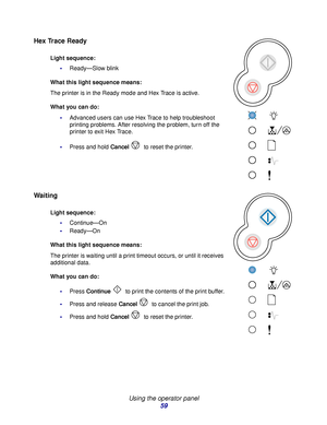 Page 59 
Using the operator panel
59
Hex Trace Ready
Waiting
Light sequence:
Ready—Slow blink
What this light sequence means:
The printer is in the Ready mode and Hex Trace is active.
What you can do:
Advanced users can use Hex Trace to help troubleshoot 
printing problems. After resolving the problem, turn off the 
printer to exit Hex Trace.
Press and hold Cancel to reset the printer.
Light sequence:
Continue—On
Ready—On
What this light sequence means:
The printer is waiting until a print timeout occurs,...
