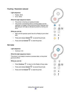 Page 60 
Using the operator panel
60
Flushing / Resolution reduced
Not ready
Light sequence:
Ready—Blink
Error—Blink
What this light sequence means:
The printer is flushing corrupted print data.
The printer is processing data or printing pages, but the 
resolution of a page in the current print job is reduced from 
600 dots per inch (dpi) to 300 dpi to prevent a memory full 
error.
What you can do:
Wait until the operator panel returns to Ready to print other 
jobs.
Press and release Cancel  to cancel the...