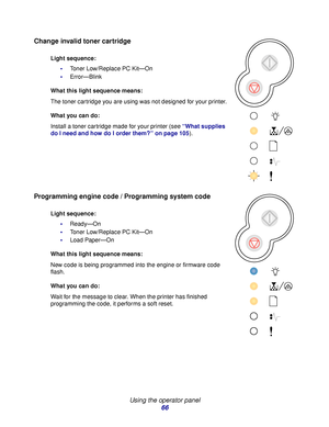 Page 66 
Using the operator panel
66
Change invalid toner cartridge
Programming engine code / Programming system code
Light sequence:
Toner Low/Replace PC Kit—On
Error—Blink
What this light sequence means:
The toner cartridge you are using was not designed for your printer.
What you can do:
Install a toner cartridge made for your printer (see “What supplies 
do I need and how do I order them?” on page 105).
Light sequence:
Ready—On
Toner Low/Replace PC Kit—On
Load Paper—On
What this light sequence means:...