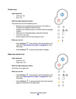 Page 68 
Using the operator panel
68
Printer error
Paper jam printer error
Light sequence:
Continue—On
Error—On
What this light sequence means:
The printer has one of the following errors:
Memory is full, insufficient to save what is in the buffer, or 
insufficient to defragment flash memory.
A page is too complex to print or is shorter than the set page 
margins.
Resolution of a formatted page is reduced to 300 dpi.
A font error occurred.
Communication with the host computer is lost.
What you can do:...