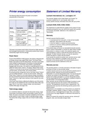 Page 9 
Notices
9
Printer energy consumption
The following table documents the power consumption 
characteristics of the printer.
The power consumption levels listed in the previous table represent 
time-averaged measurements. Instantaneous power draws may be 
substantially higher than the average.
Powe r Save r
As part of the ENERGY STAR program, this printer is designed with 
an energy-saving mode called Power Saver. The Power Saver 
Mode is equivalent to the EPA Sleep Mode. The Power Saver Mode 
saves...