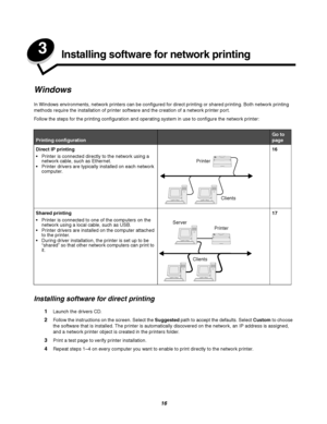 Page 1616
3Installing software for network printing
Windows
In Windows environments, network printers can be configured for direct printing or shared printing. Both network printing 
methods require the installation of printer software and the creation of a network printer port.
Follow the steps for the printing configuration and operating system in use to configure the network printer:
Installing software for direct printing
1Launch the drivers CD.
2Follow the instructions on the screen. Select the Suggested...