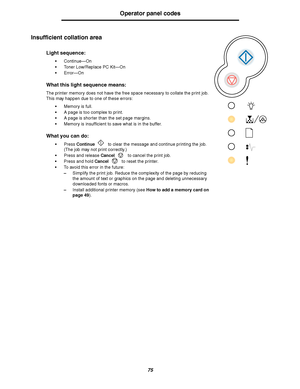 Page 7575
Operator panel codes
Insufficient collation area
Light sequence:
Continue—On
Toner Low/Replace PC Kit—On
Error—On
What this light sequence means:
The printer memory does not have the free space necessary to collate the print job. 
This may happen due to one of these errors:
Memory is full.
A page is too complex to print.
A page is shorter than the set page margins.
Memory is insufficient to save what is in the buffer.
What you can do:
Press Continue  to clear the message and continue printing...