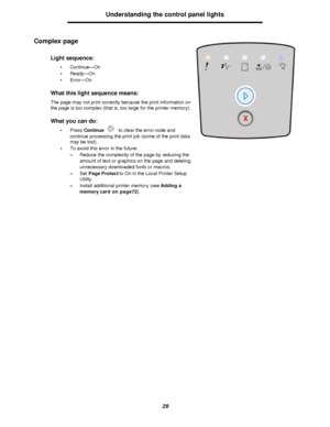 Page 2929Understanding the control panel lights
Complex page
Light sequence:
•Continue—On
•Ready—On
•Error—On
What this light sequence means:
The page may not print correctly because the print information on 
the page is too complex (that is, too large for the printer memory).
What you can do:
•Press Continue to clear the error code and 
continue processing the print job (some of the print data 
may be lost).
•To avoid this error in the future: 
–Reduce the complexity of the page by reducing the 
amount of text...