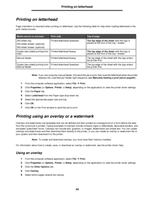 Page 6666Printing on letterhead
Printing on letterhead
Page orientation is important when printing on letterhead. Use the following table for help when loading letterhead in the 
print media sources.
Note:If you are using the manual feeder, first send the job to print, then load the letterhead when the printer 
displays the Load Manual Feeder light sequence (see Manually feeding a print job on page60).
1From the computer software application, select Fileà Print.
2Click Properties (or Options, Printer, or Setup,...