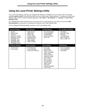 Page 7575Using the Local Printer Settings Utility
Using the Local Printer Settings Utility
The Local Printer Settings Utility lets you change printer settings not available from your printer driver (for example, 
activating Alarm Control if you want the printer to sound an alarm when it needs attention). To access the Local Printer 
Settings Utility from the computer software application, select Startà All Programsà  Lexmarkà Local Printer 
Settings Utility.
If you selected the Custom install path from your...