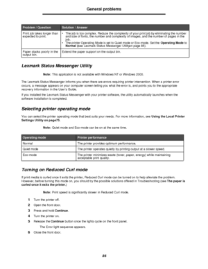 Page 8686General problems
Lexmark Status Messenger Utility
Note:This application is not available with Windows NT or Windows 2000.
The Lexmark Status Messenger informs you when there are errors requiring printer intervention. When a printer error 
occurs, a message appears on your computer screen telling you what the error is, and points you to the appropriate 
recovery information in the User’s Guide.
If you installed the Lexmark Status Messenger with your printer software, the utility automatically launches...