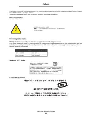 Page 94Electronic emission notices
94Notices
A declaration of conformity with the requirements of the directives has been signed by the Director of Manufacturing and Technical Support, 
Lexmark International, S.A., Boigny, France.
This product satisfies the Class B limits of EN 55022 and safety requirements of EN 60950.
Hot surface notice
Power regulation notice
Warning:Electrical surges can be very destructive to equipment connected to AC power sources.
If you plan to operate your printer at a voltage...