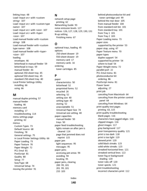 Page 140linking trays  48
Load  with   107
Load  with   107
Load  with   107
Load  with 
  107
Load manual feeder with   108
Load manual feeder with   108
Load manual feeder with 
  107
loading 
envelopes  46
letterhead in manual feeder  59
letterhead in trays  59
manual feeder  46
optional 250-sheet tray  45
optional 550-sheet tray  45
standard 250-sheet tray  40
Local Printer Settings Utility 
installing  66
using  66
M
manual duplex printing  57
manual feeder 
loading  46
memory card 
installing  17...