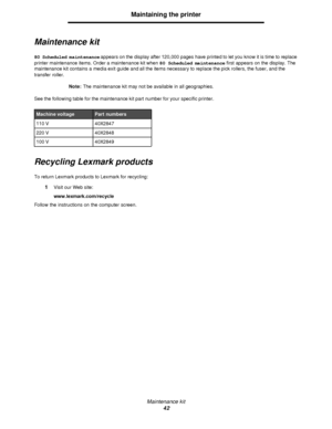 Page 42Maintenance kit
42Maintaining the printer
Maintenance kit
80 Scheduled maintenance appears on the display after 120,000 pages have printed to let you know it is time to replace 
printer maintenance items. Order a maintenance kit when 80Scheduled maintenance first appears on the display. The 
maintenance kit contains a media exit guide and all the items necessary to replace the pick rollers, the fuser, and the 
transfer roller. 
Note:The maintenance kit may not be available in all geographies.
See the...