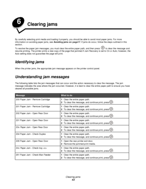 Page 43Clearing jams
43 6
Clearing jams
By carefully selecting print media and loading it properly, you should be able to avoid most paper jams. For more 
information on avoiding paper jams, see Avoiding jams on page17. If jams do occur, follow the steps outlined in this 
section.
To resolve the paper jam messages, you must clear the entire paper path, and then press  to clear the message and 
resume printing. The printer prints a new copy of the page that jammed if Jam Recovery is set to On or Auto; however,...