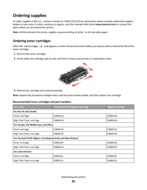 Page 83Ordering supplies
To order supplies in the U.S., contact Lexmark at 1-800-539-6275 for information about Lexmark authorized supplies
dealers in your area. In other countries or regions, visit the Lexmark Web Site at www.lexmark.com or contact the
place where you purchased the printer.
Note: All life estimates for printer supplies assume printing on letter‑ or A4‑size plain paper.
Ordering toner cartridges
When 88 Cartridge is Low appears or when the print becomes faded, you may be able to extend the life...