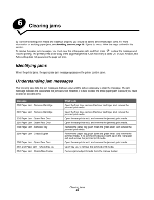 Page 45Clearing jams
45
6Clearing jams
By carefully selecting print media and loading it properly, you should be able to avoid most paper jams. For more 
information on avoiding paper jams, see Avoiding jams on page 18. If jams do occur, follow the steps outlined in this 
section.
To resolve the paper jam messages, you must clear the entire paper path, and then press   to clear the message and 
resume printing. The printer prints a new copy of the page that jammed if Jam Recovery is set to On or Auto; however,...