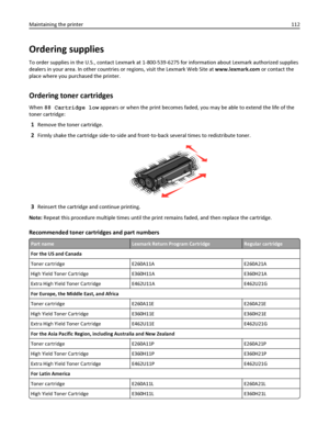 Page 112Ordering supplies
To order supplies in the U.S., contact Lexmark at 1-800-539-6275 for information about Lexmark authorized supplies
dealers in your area. In other countries or regions, visit the Lexmark Web Site at www.lexmark.com or contact the
place where you purchased the printer.
Ordering toner cartridges
When 88 Cartridge low appears or when the print becomes faded, you may be able to extend the life of the
toner cartridge:
1Remove the toner cartridge.
2Firmly shake the cartridge side‑to‑side and...