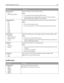 Page 103Menu itemDescription
Separator Source
Tray 
Multi‑Purpose FeederSpecifies the paper source for separator sheets
Notes:
Tray 1 (standard tray) is the factory default setting.
From the Paper menu, Configure MP must be set to Cassette in order for
Multi‑Purpose Feeder to appear as a menu setting.
N‑up (pages‑side)
Off
2‑Up
3‑Up
4‑Up
6‑Up
9‑Up
12‑Up
16‑UpSpecifies that multiple‑page images be printed on one side of a sheet of paper
Notes:
Off is the factory default setting.
The number selected is the number...