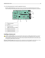 Page 212Use the following illustration to locate the appropriate connector.
Warning—Potential Damage: System board electronic components are easily damaged by static electricity.
Touch something metal on the printer before touching any system board electronic components or connectors.
1Ethernet connector
2USB port
3Parallel connector
Note: Not available on all models.
4Memory card connector
5Optional card connector
6Optional card connector
Installing a memory card
CAUTION—SHOCK HAZARD: If you are accessing the...